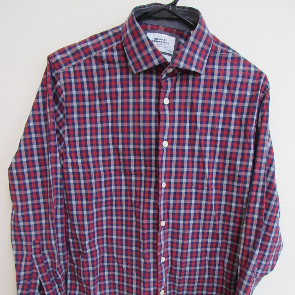 Charles Tyrwhitt Slim Fit Red/Blue Plaid‎ Long Sleeve Button-Up Shirt 16/34